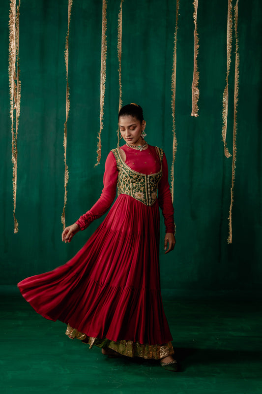 Red Layered Anarkali With Green Koti With Pencil Pants And Dupatta