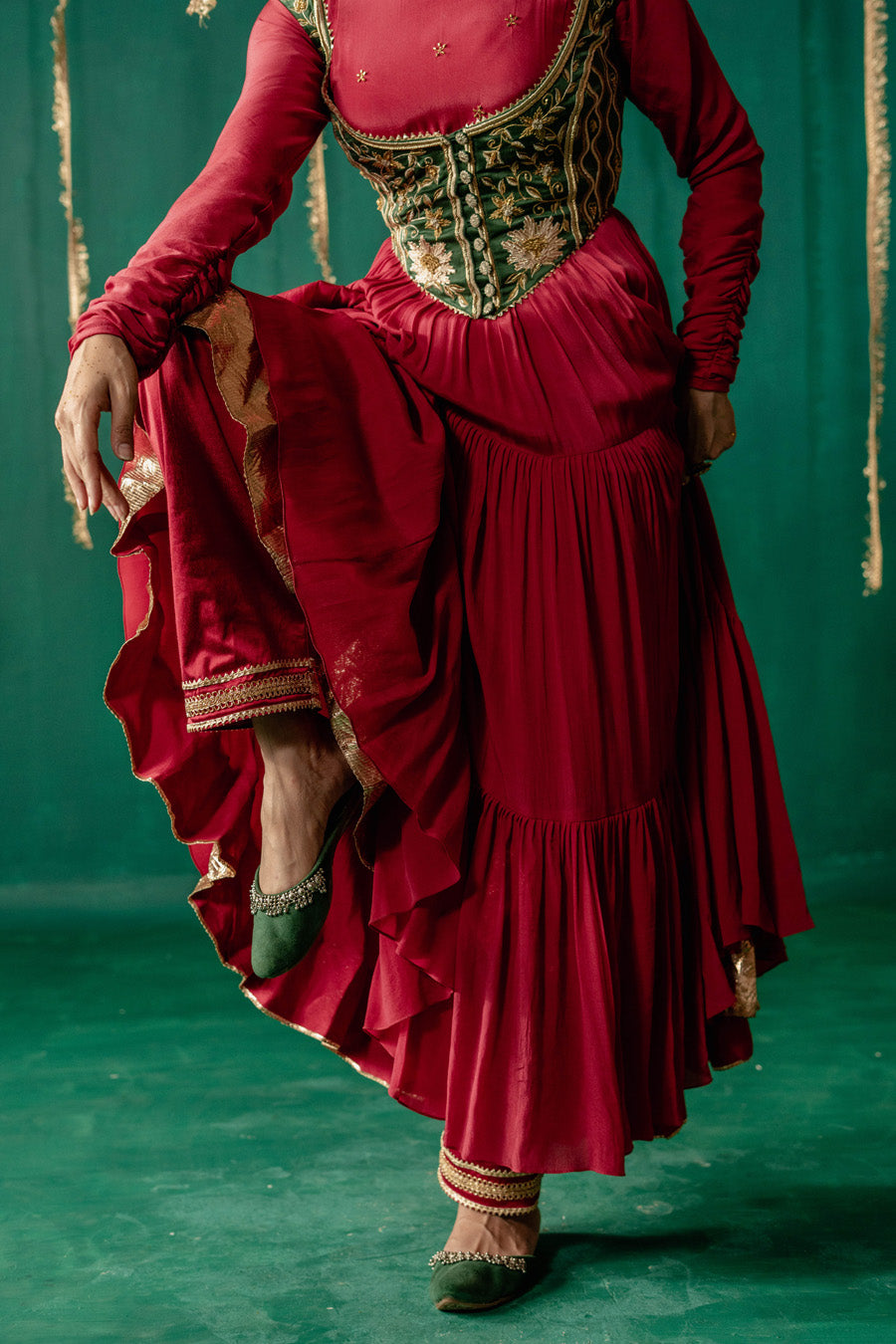 Red Layered Anarkali With Green Koti With Pencil Pants And Dupatta