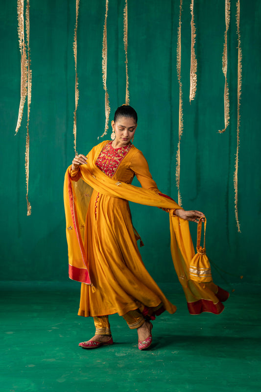 Yellow And Red Anarkali With Pencil Pants And Dupatta