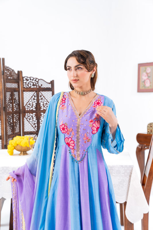 Blue And Purple Anarkali Set With Ombre Dupatta And Pants