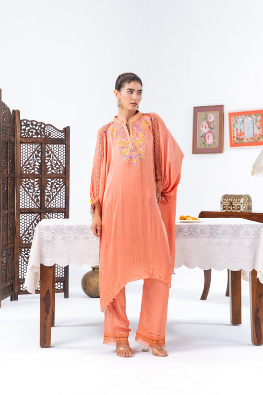 Peach Chiffon Kaftan And Pant With Inner
