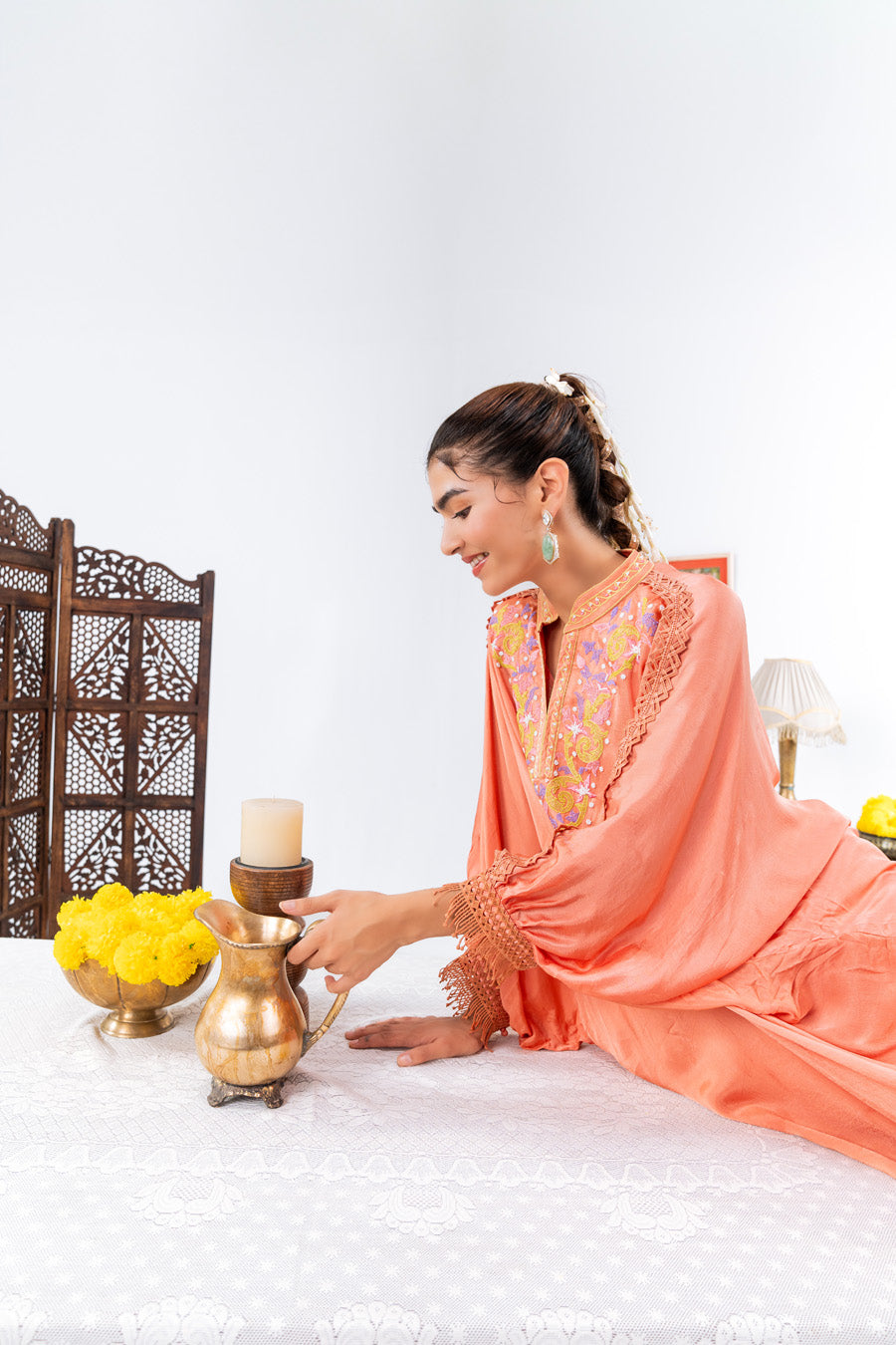 Peach Chiffon Kaftan And Pant With Inner