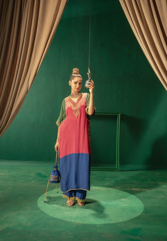 Hot Pink Green Blue Blocking Phiran With Straight Pants