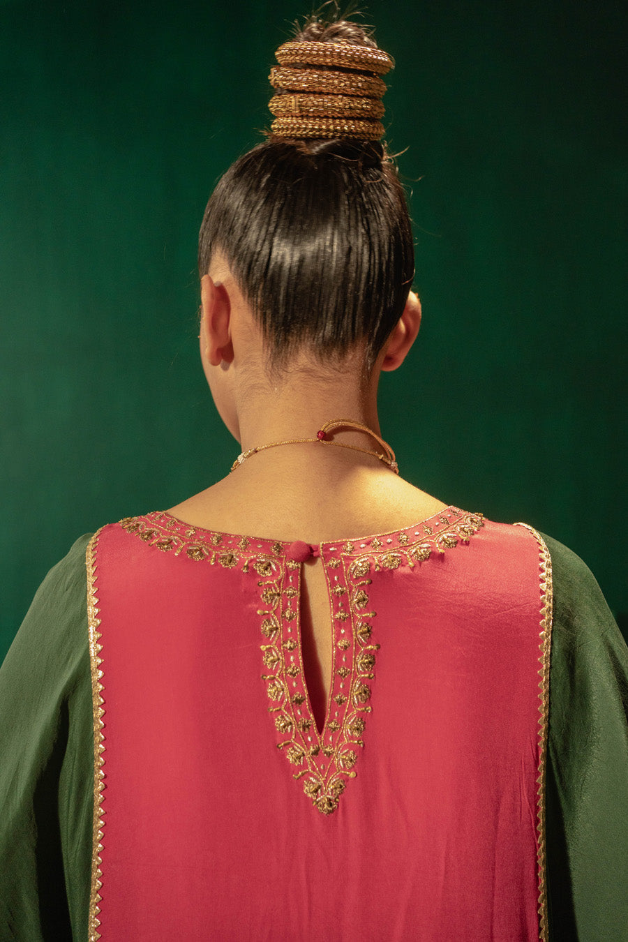 Hot Pink Green Blue Blocking Phiran With Straight Pants