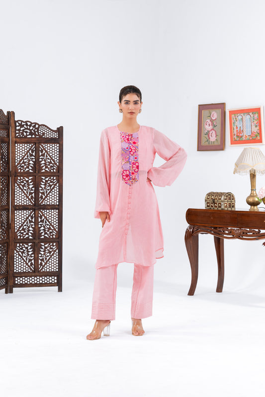 Pink flat Chiffion Kurta And Set
