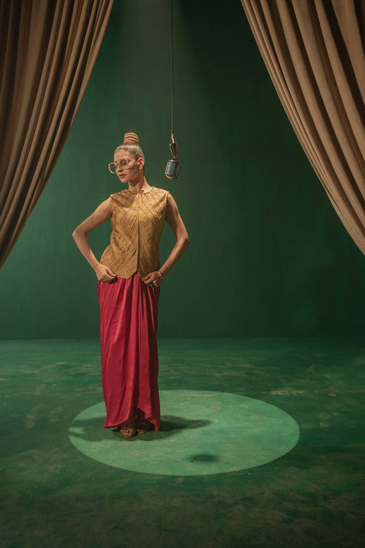 Golden Waist Coat With Pink Draped Skirt