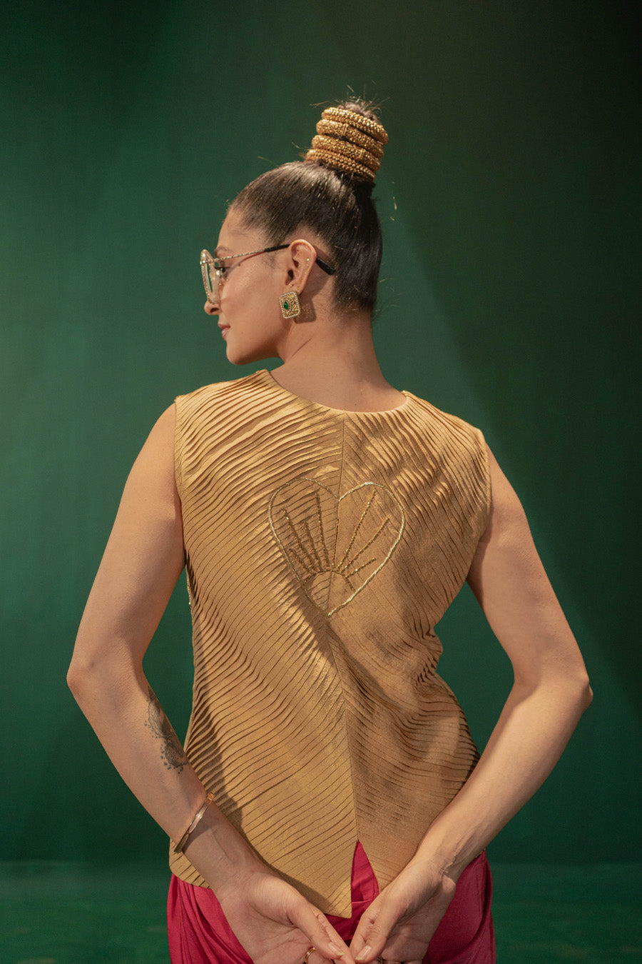 Golden Waist Coat With Pink Draped Skirt