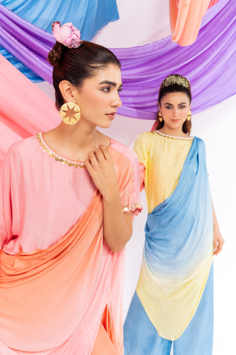 Blue And Lime Green Ombre Drape Kurta Set