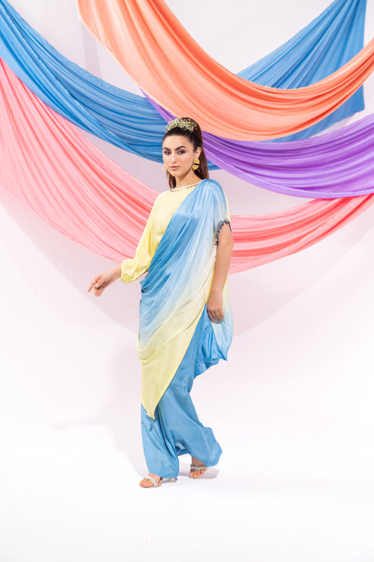 Blue And Lime Green Ombre Drape Kurta Set