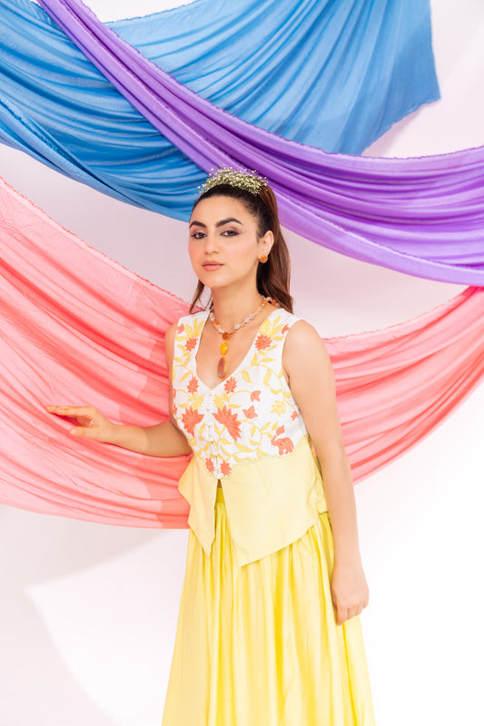 White And Lime Green Waist Coat And Skirt