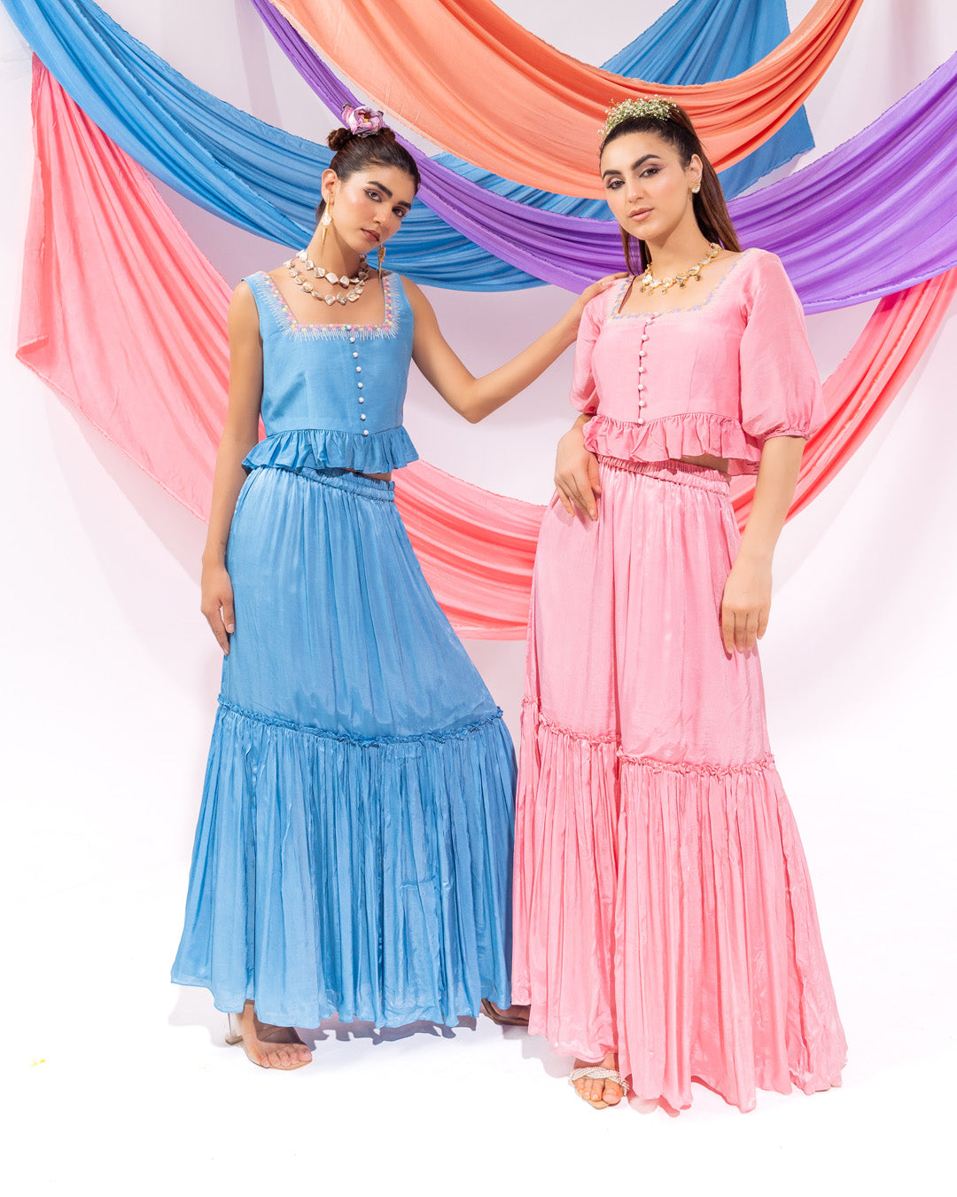 Pink Crop Top With Sleeves And Skirt