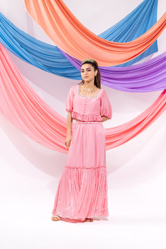 Pink Crop Top With Sleeves And Skirt