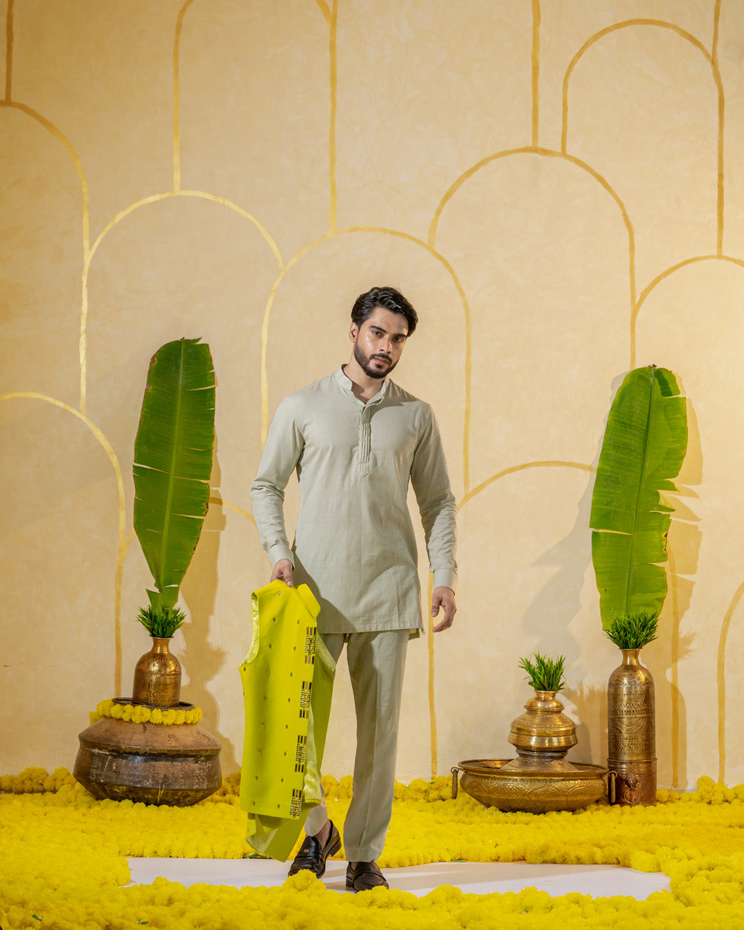 Linen Green Grey Short kurta set