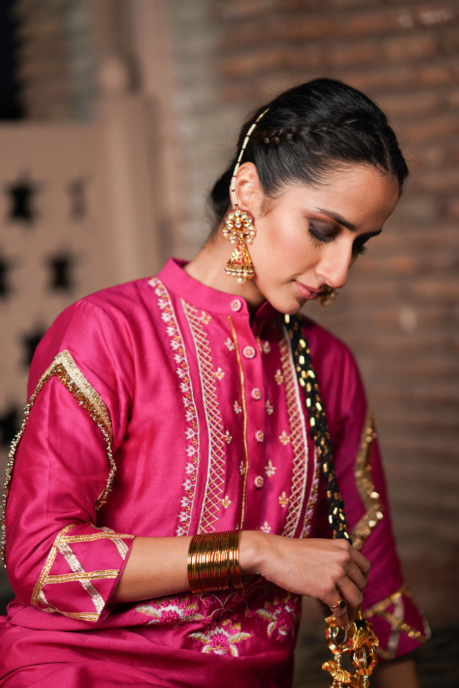 Hot Pink Chanderi Kurta Salwar Set With Potli Bag