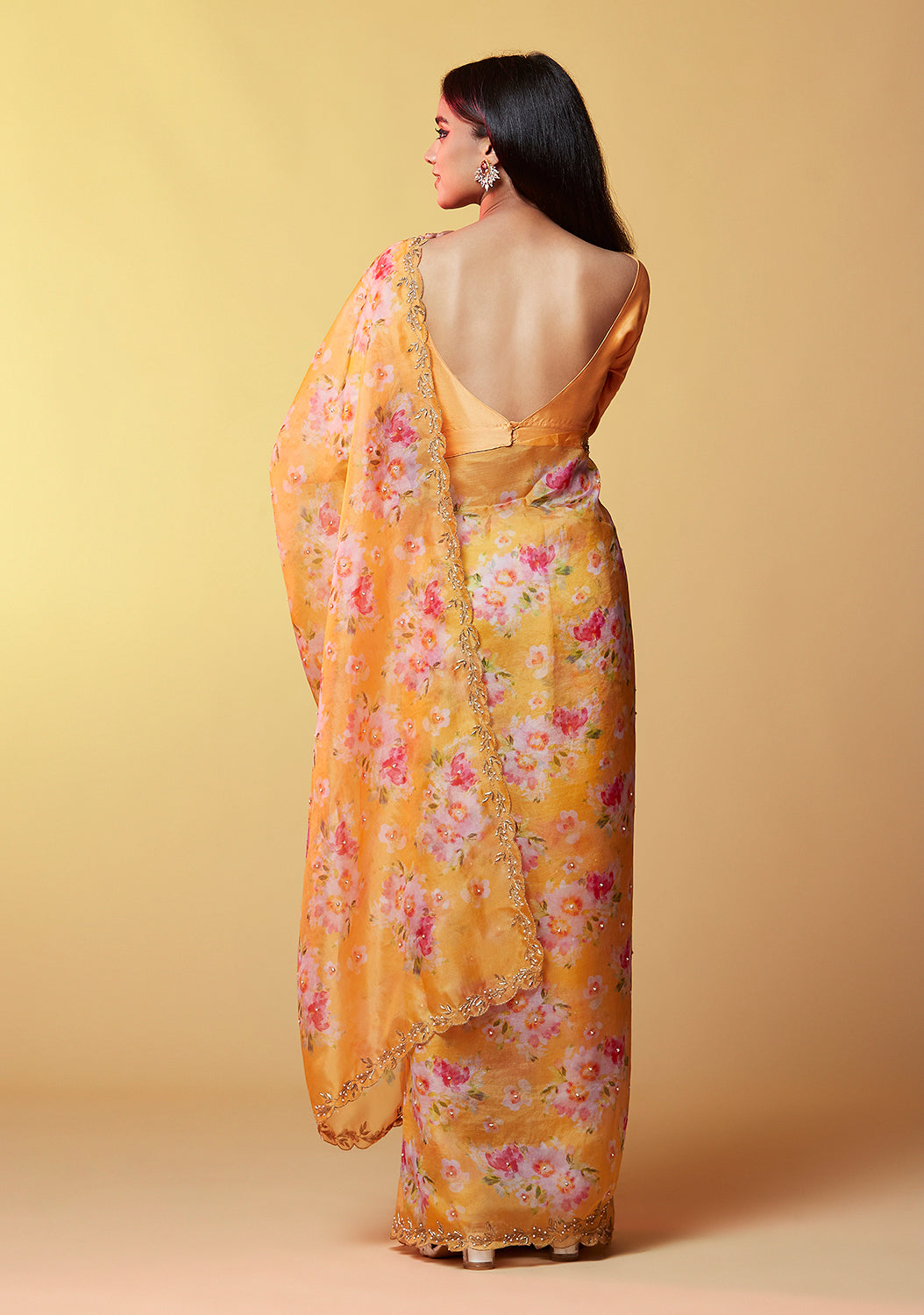 Mustard Print Organza Saree