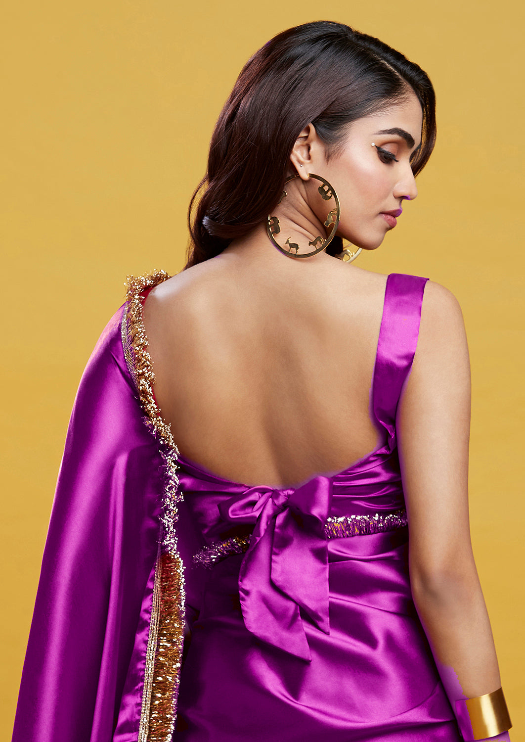 Purple Satin Embroidered Saree Set