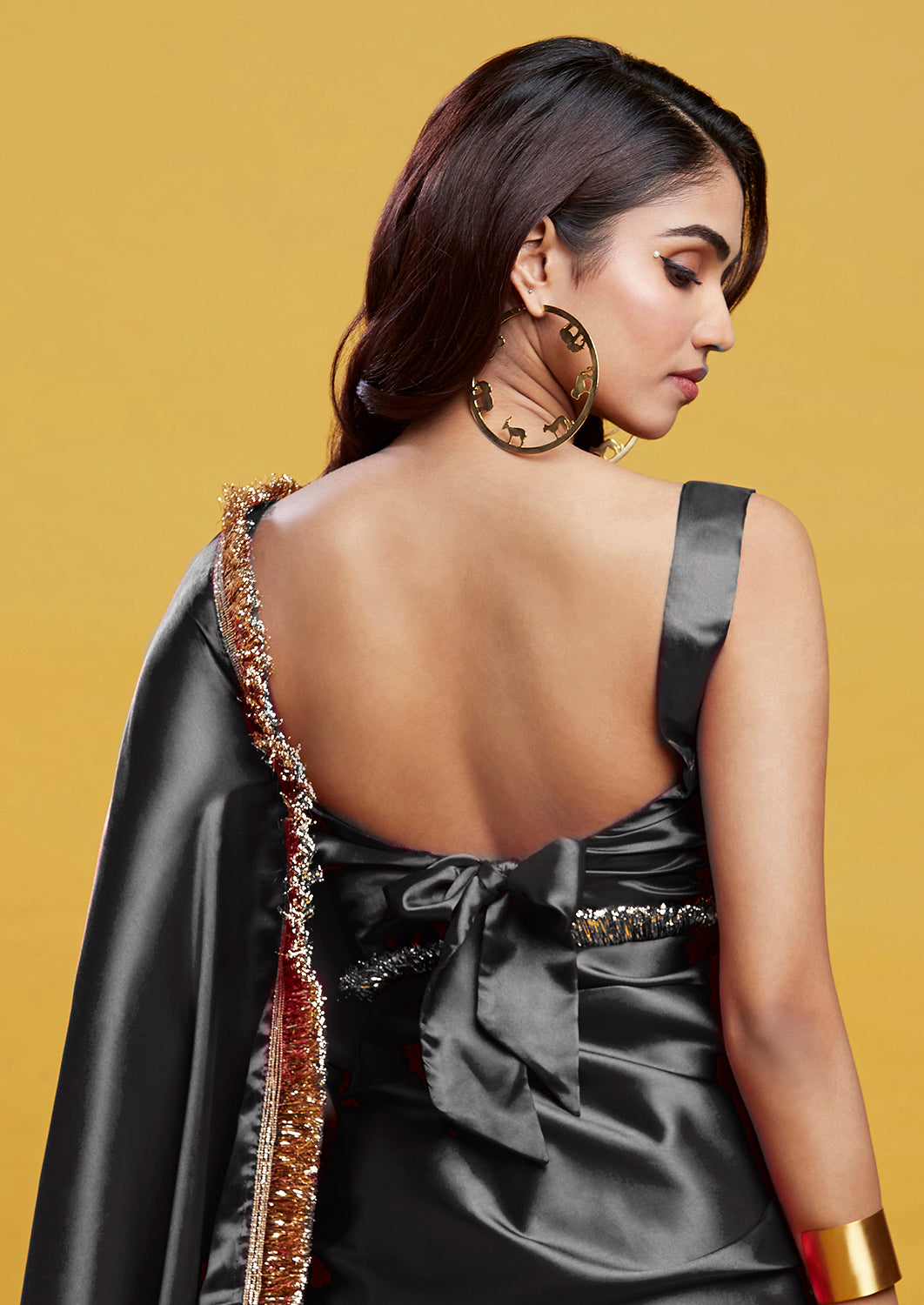 Black Satin Embroidered Saree Set