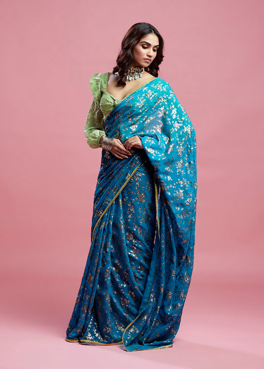 Teal Georgette & Recycled Polyester Barfi Saree Set