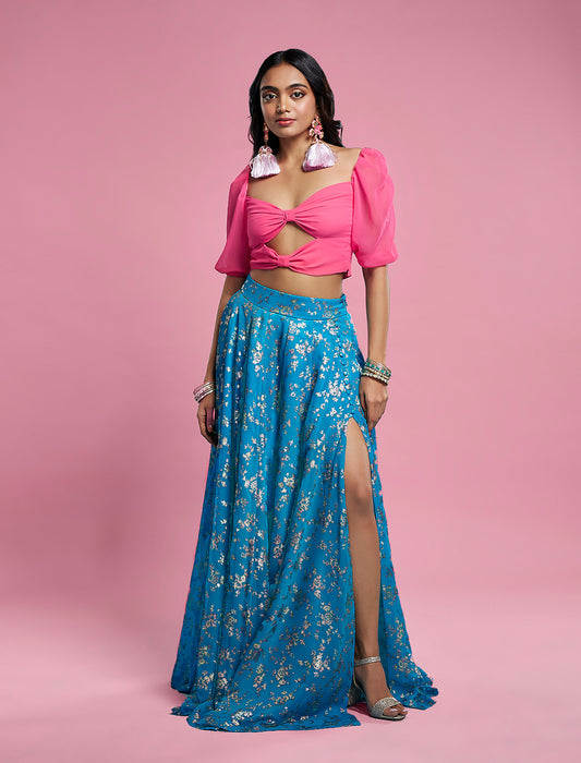 Turquoise Blue Recycled Polyester Lehenga Set