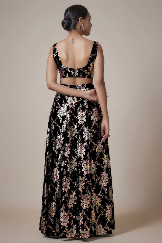 Black Recycled Polyester Foil Printed Lehenga Set