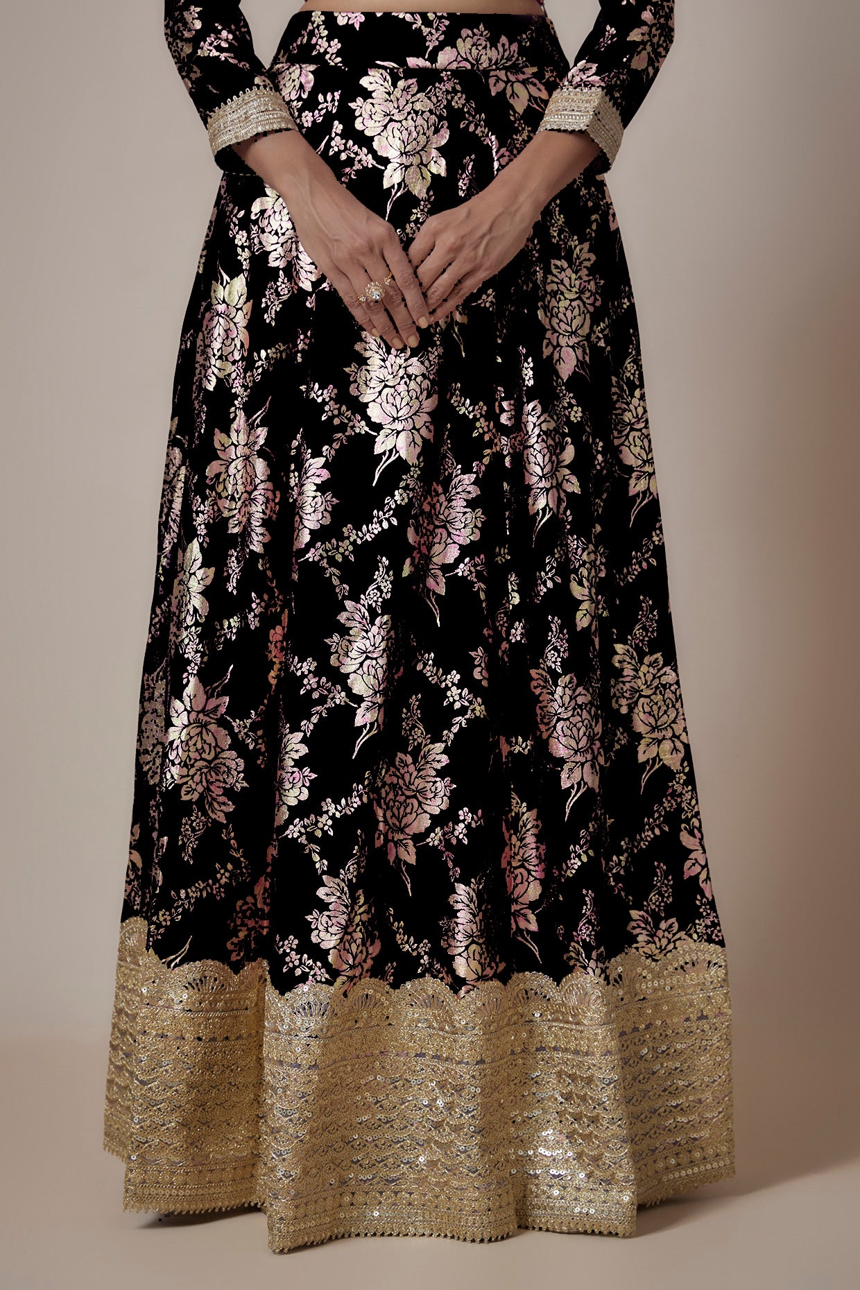 Black Recycled Polyester Foil Printed Lehenga Set
