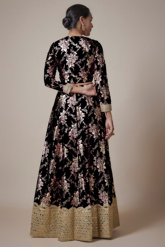 Black Recycled Polyester Foil Printed Lehenga Set