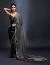 Black & Charcoal Satin Embellished Color-Blocked Saree Set