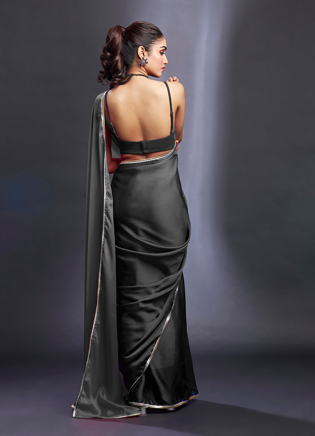 Black & Charcoal Satin Embellished Color-Blocked Saree Set