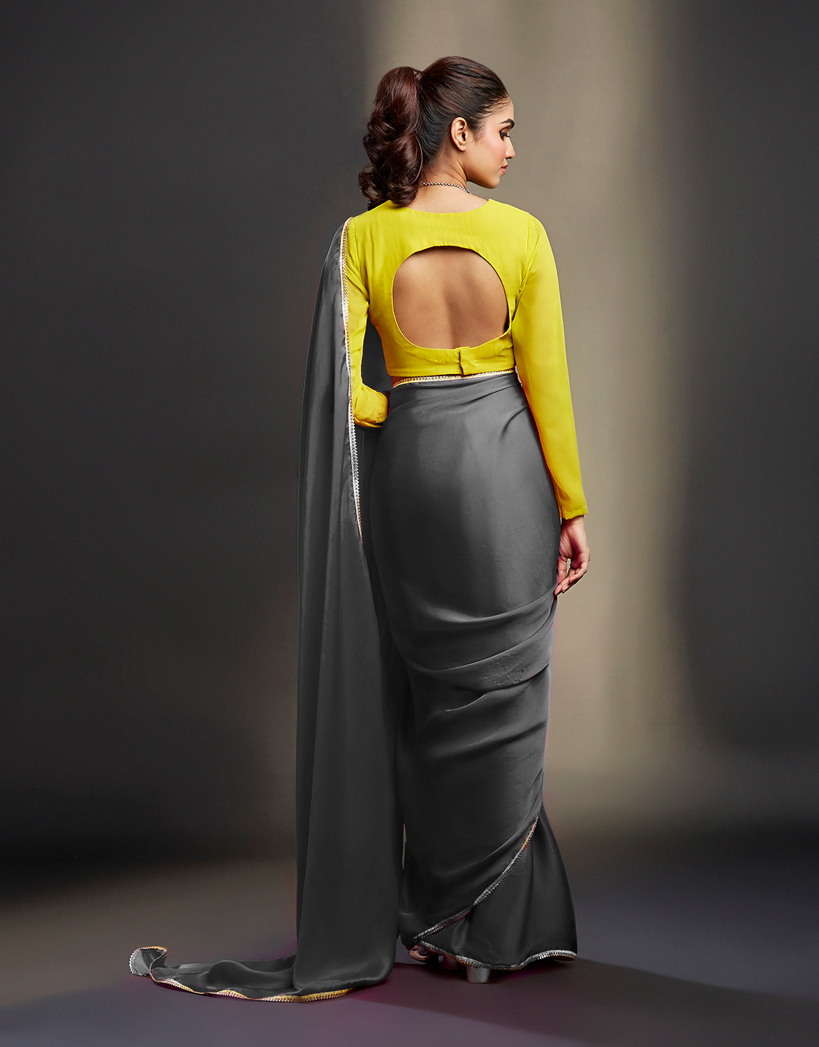 Charcoal Satin Embellished Saree Set