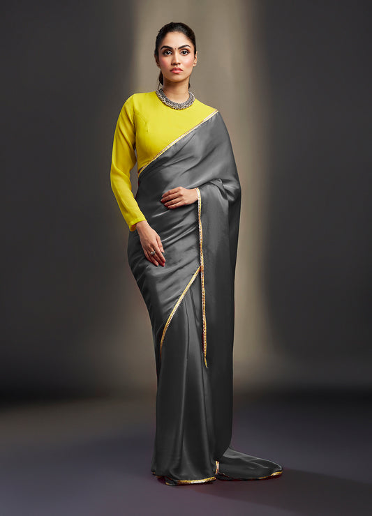 Charcoal Satin Embellished Saree Set