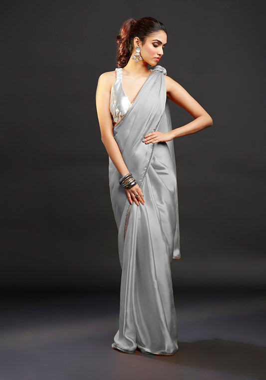 Silver Satin Embellished Saree Set