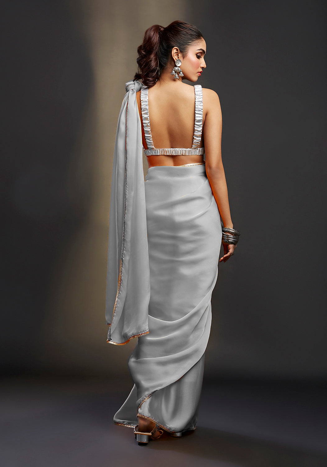 Silver Satin Embellished Saree Set