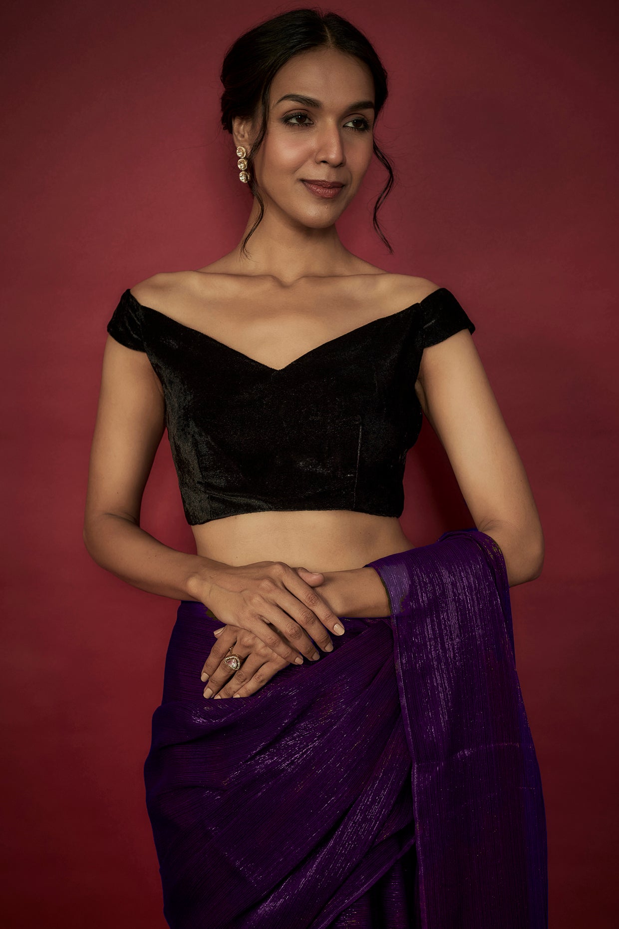 Purple Chiffon Zari Embroidered Saree Set