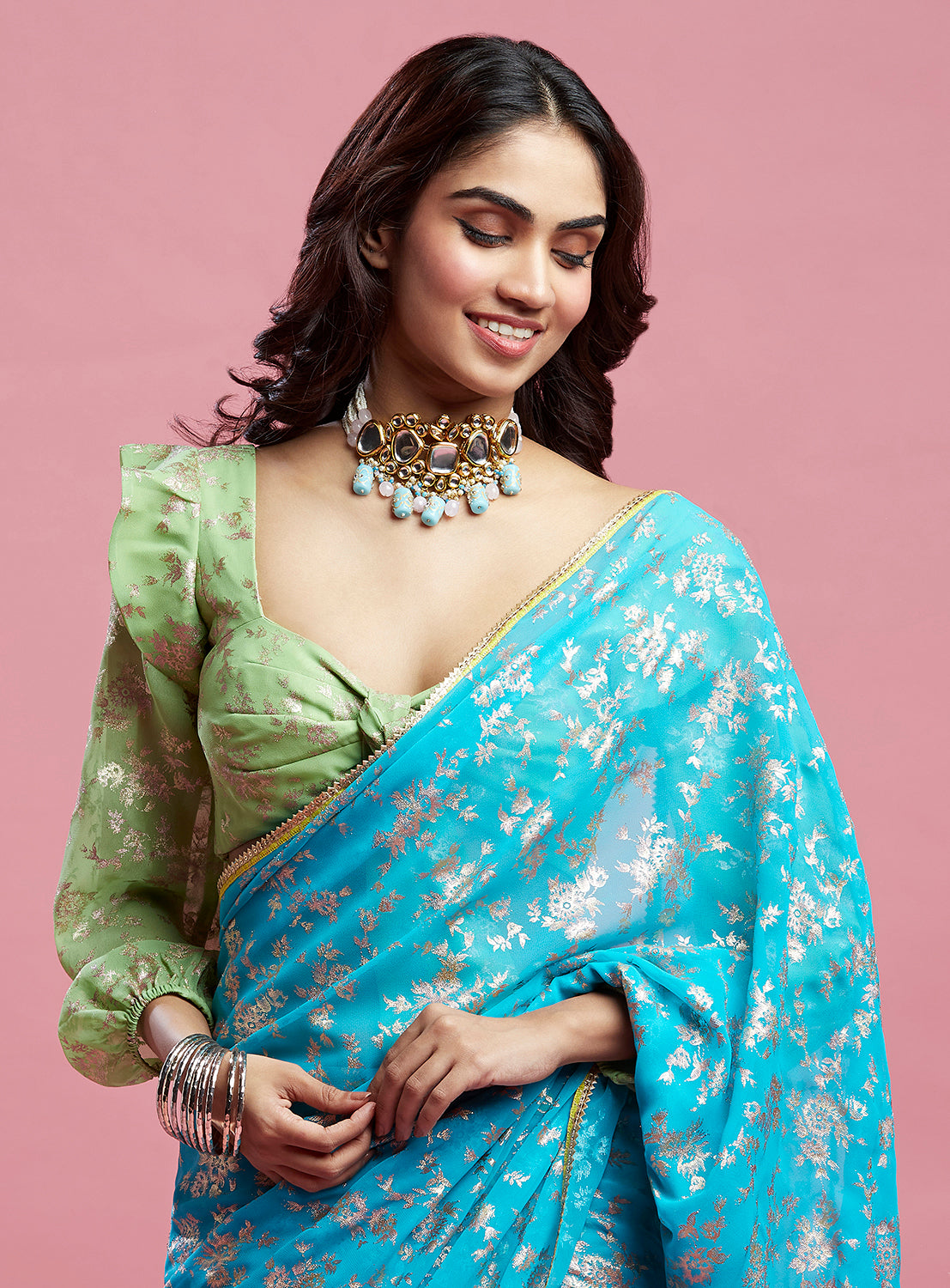 Turquoise Barfi Saree Set
