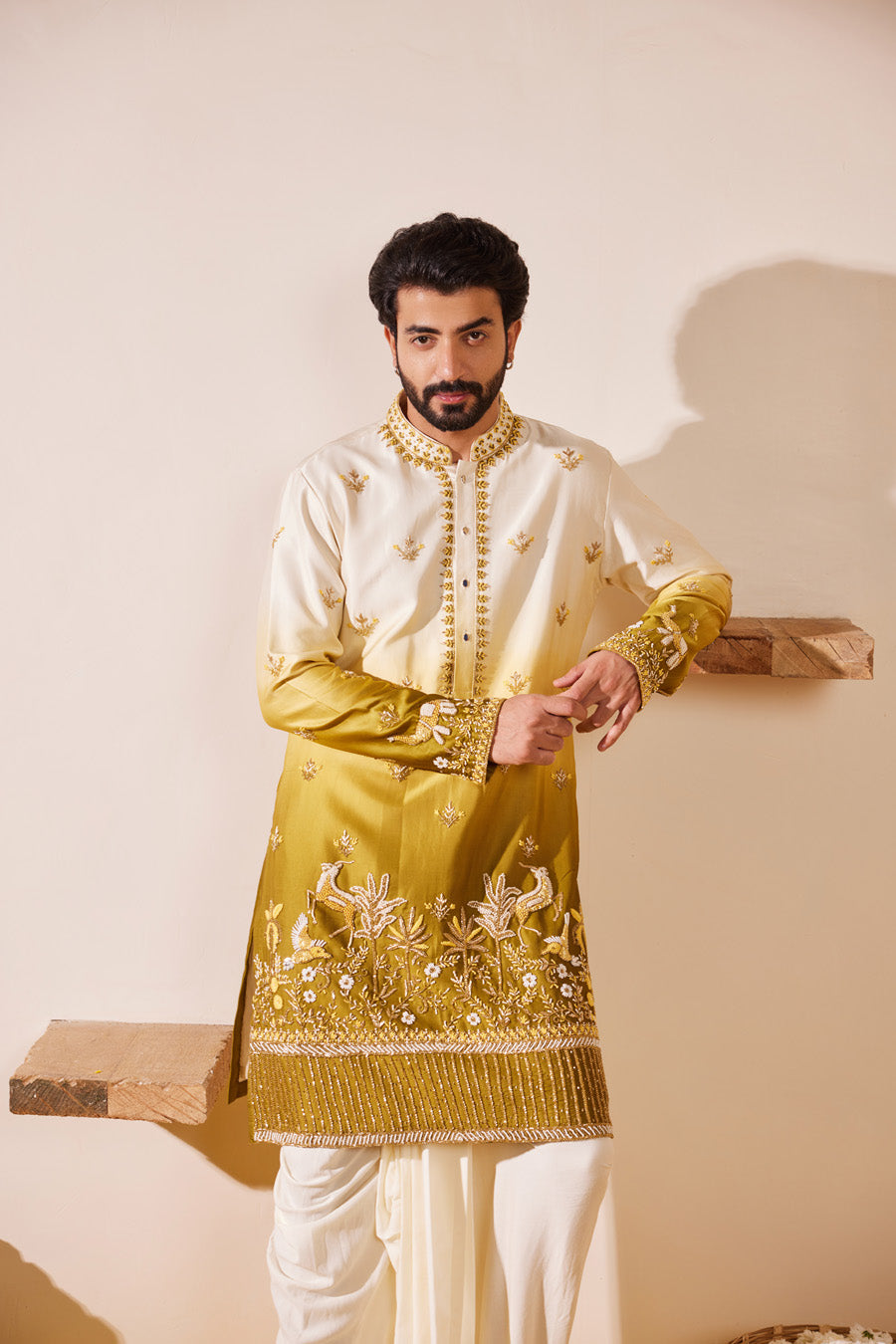 Tasvam Mehandi Green Ombre Kurta-Dhoti Set