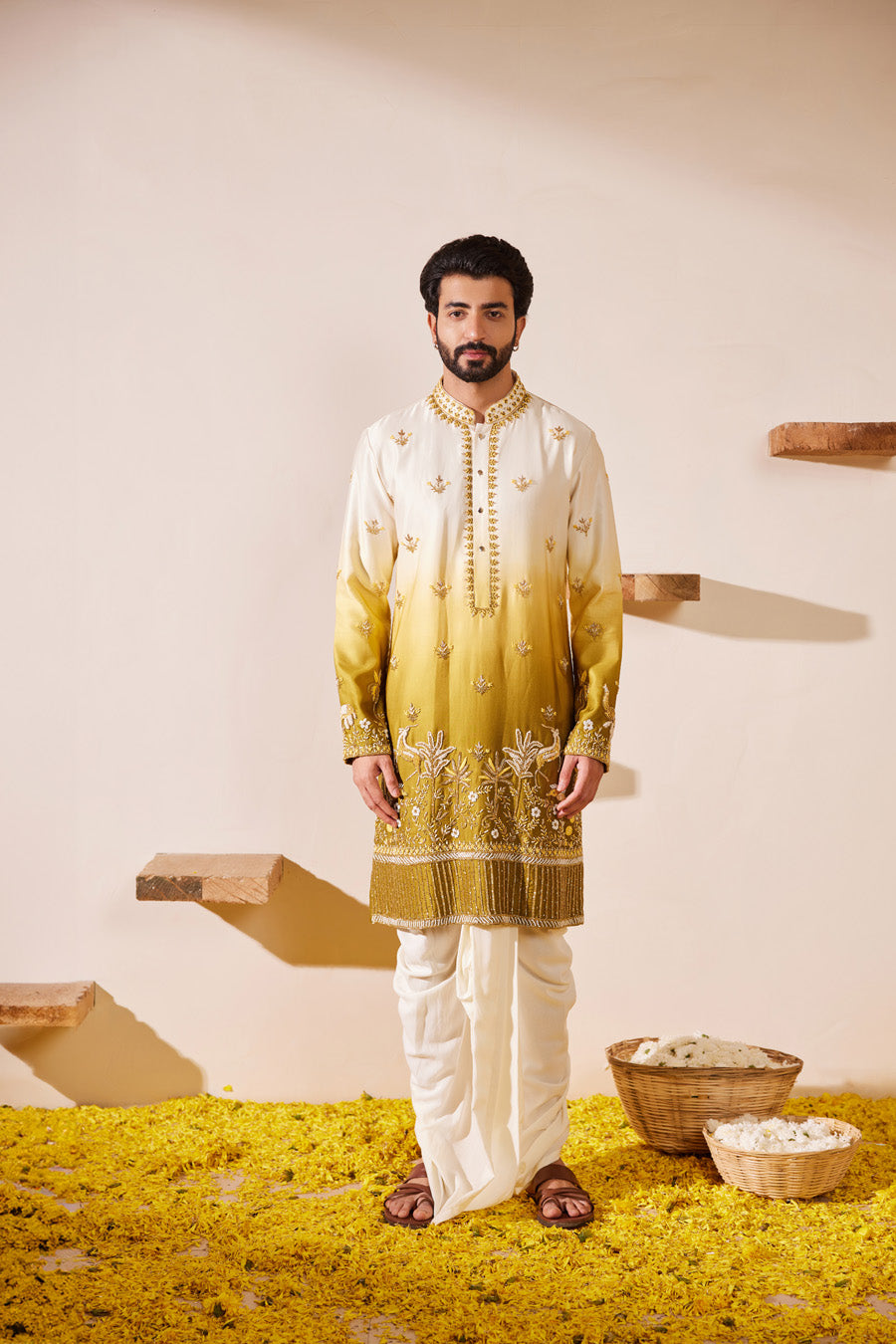 Tasvam Mehandi Green Ombre Kurta-Dhoti Set