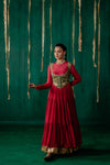 Red Layered Anarkali With Green Koti With Pencil Pants And Dupatta
