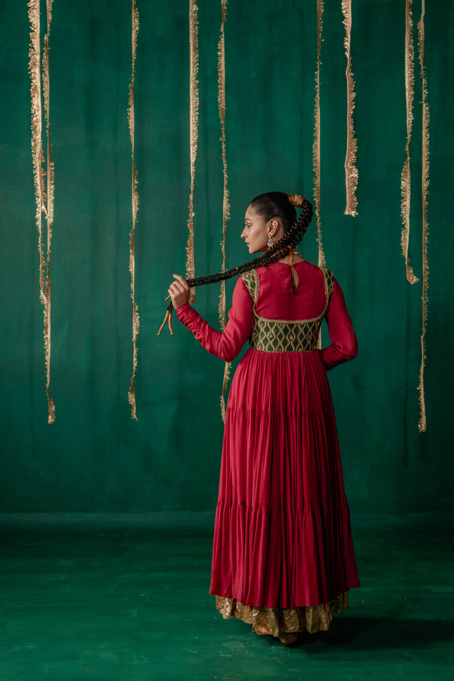 Red Layered Anarkali With Green Koti With Pencil Pants And Dupatta
