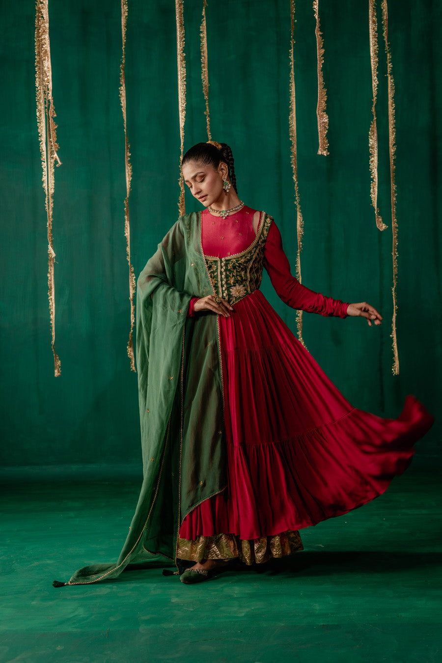 Red Layered Anarkali With Green Koti With Pencil Pants And Dupatta