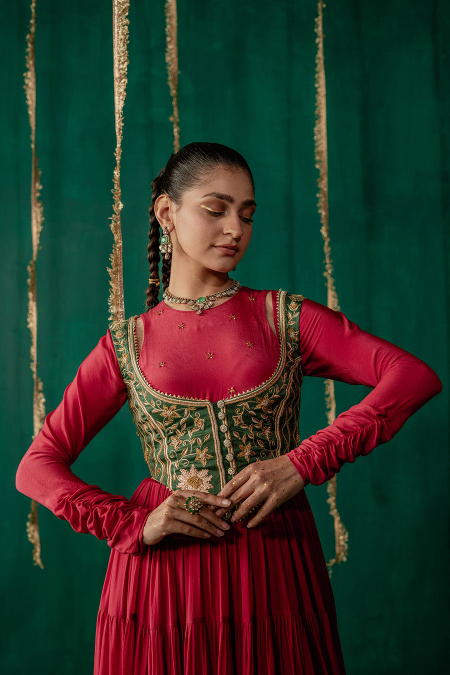Red Layered Anarkali With Green Koti With Pencil Pants And Dupatta