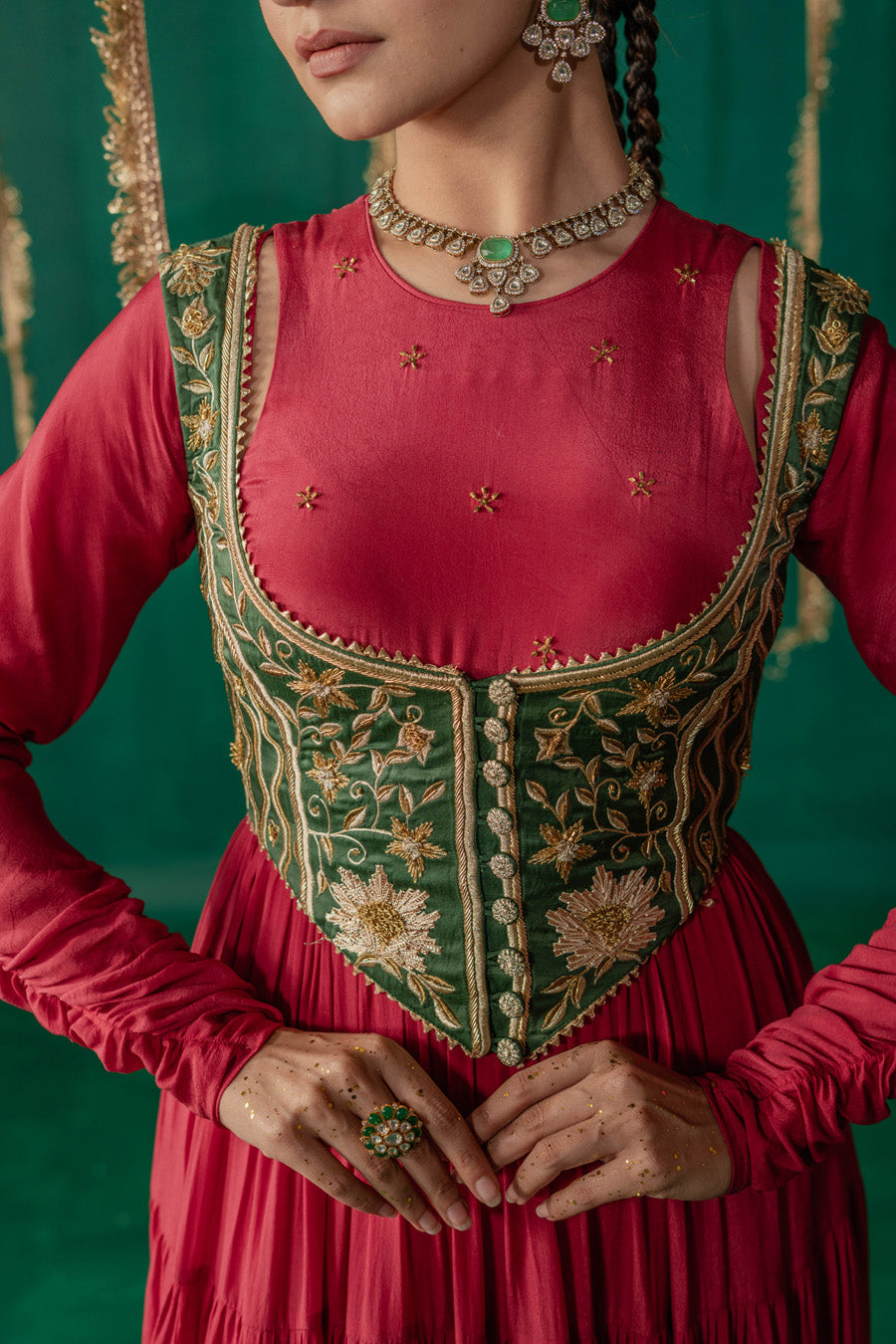 Red Layered Anarkali With Green Koti With Pencil Pants And Dupatta