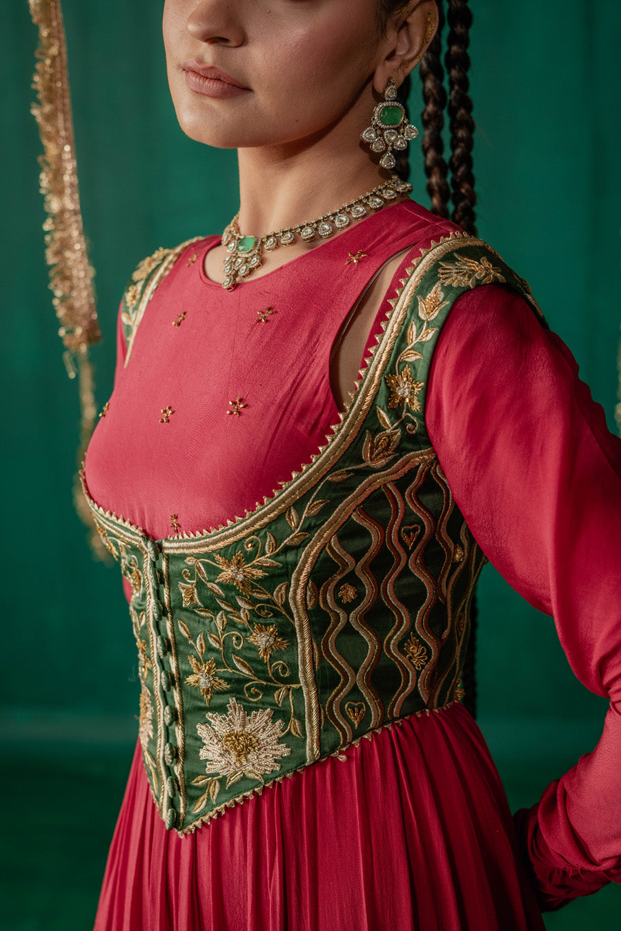Red Layered Anarkali With Green Koti With Pencil Pants And Dupatta