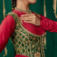 Red Layered Anarkali With Green Koti With Pencil Pants And Dupatta