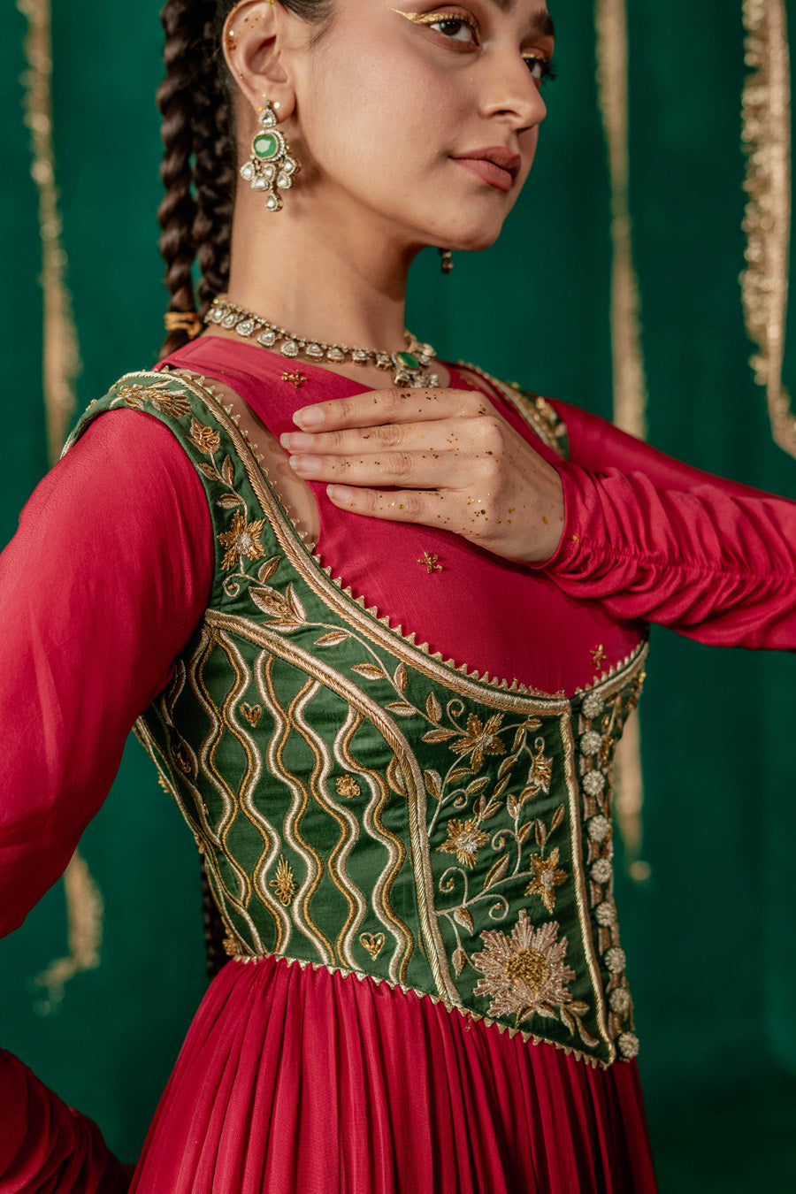 Red Layered Anarkali With Green Koti With Pencil Pants And Dupatta