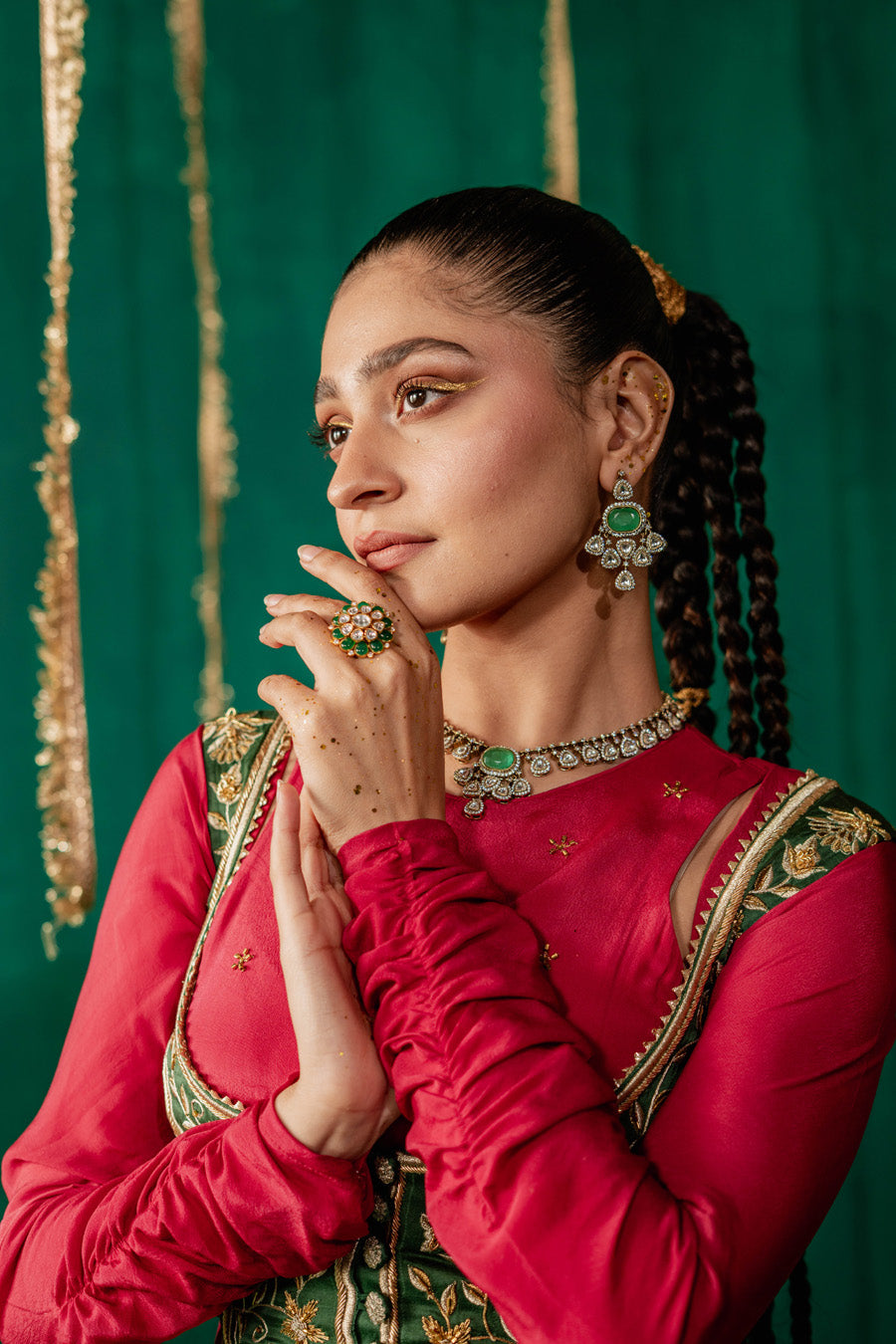 Red Layered Anarkali With Green Koti With Pencil Pants And Dupatta
