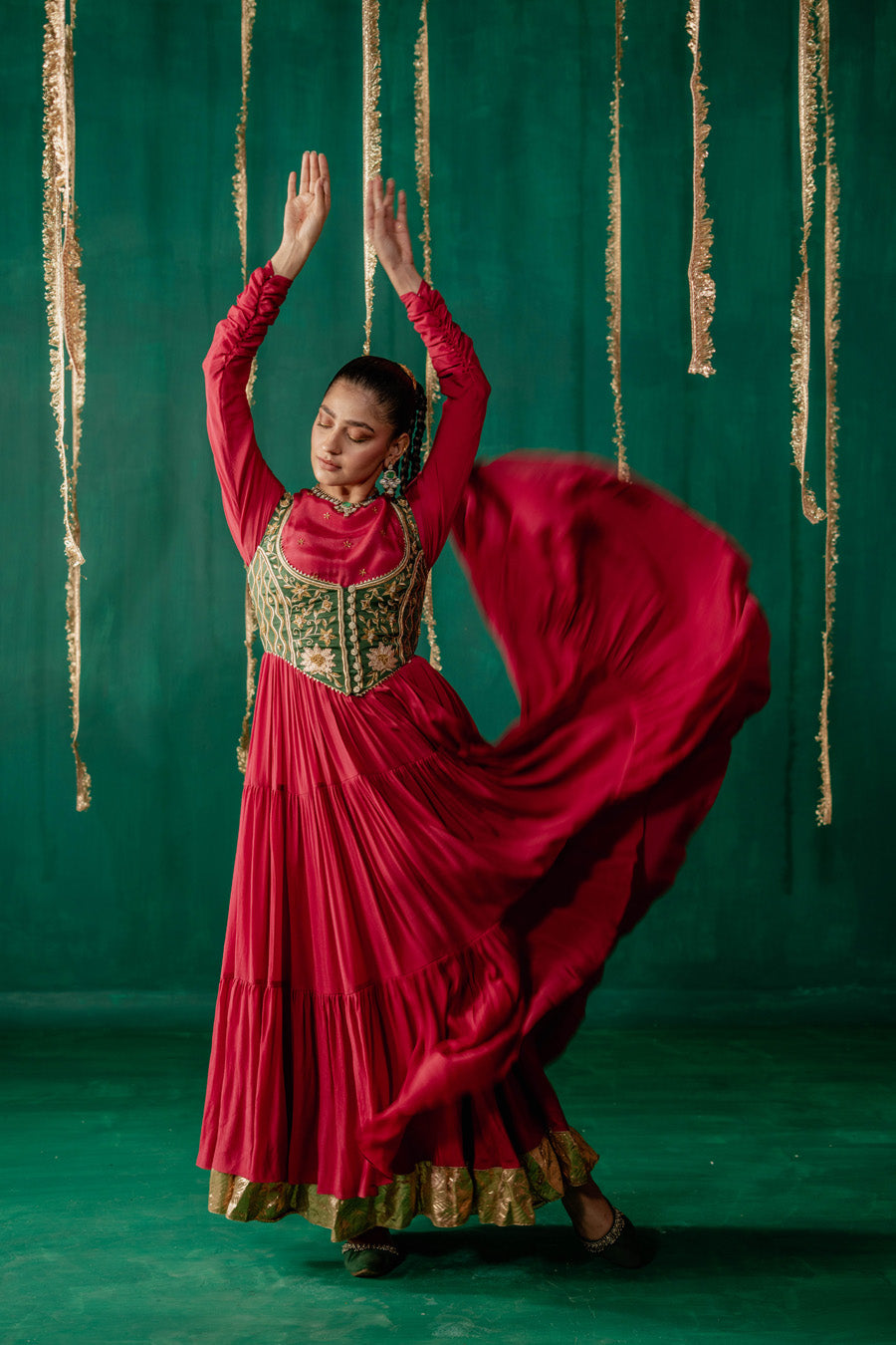 Red Layered Anarkali With Green Koti With Pencil Pants And Dupatta