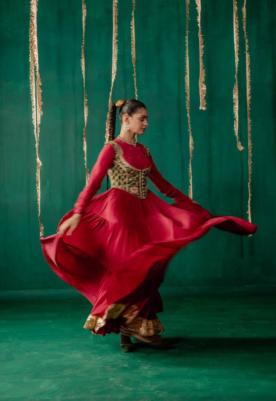 Red Layered Anarkali With Green Koti With Pencil Pants And Dupatta