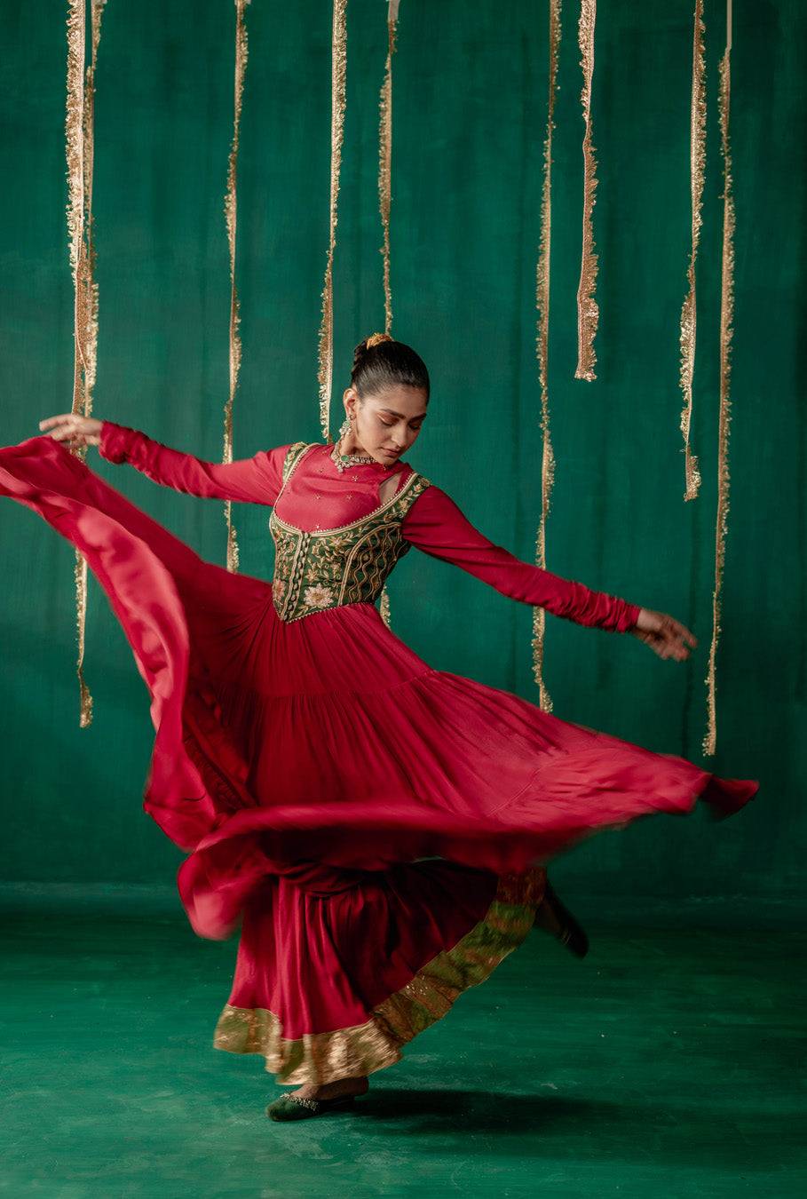 Red Layered Anarkali With Green Koti With Pencil Pants And Dupatta