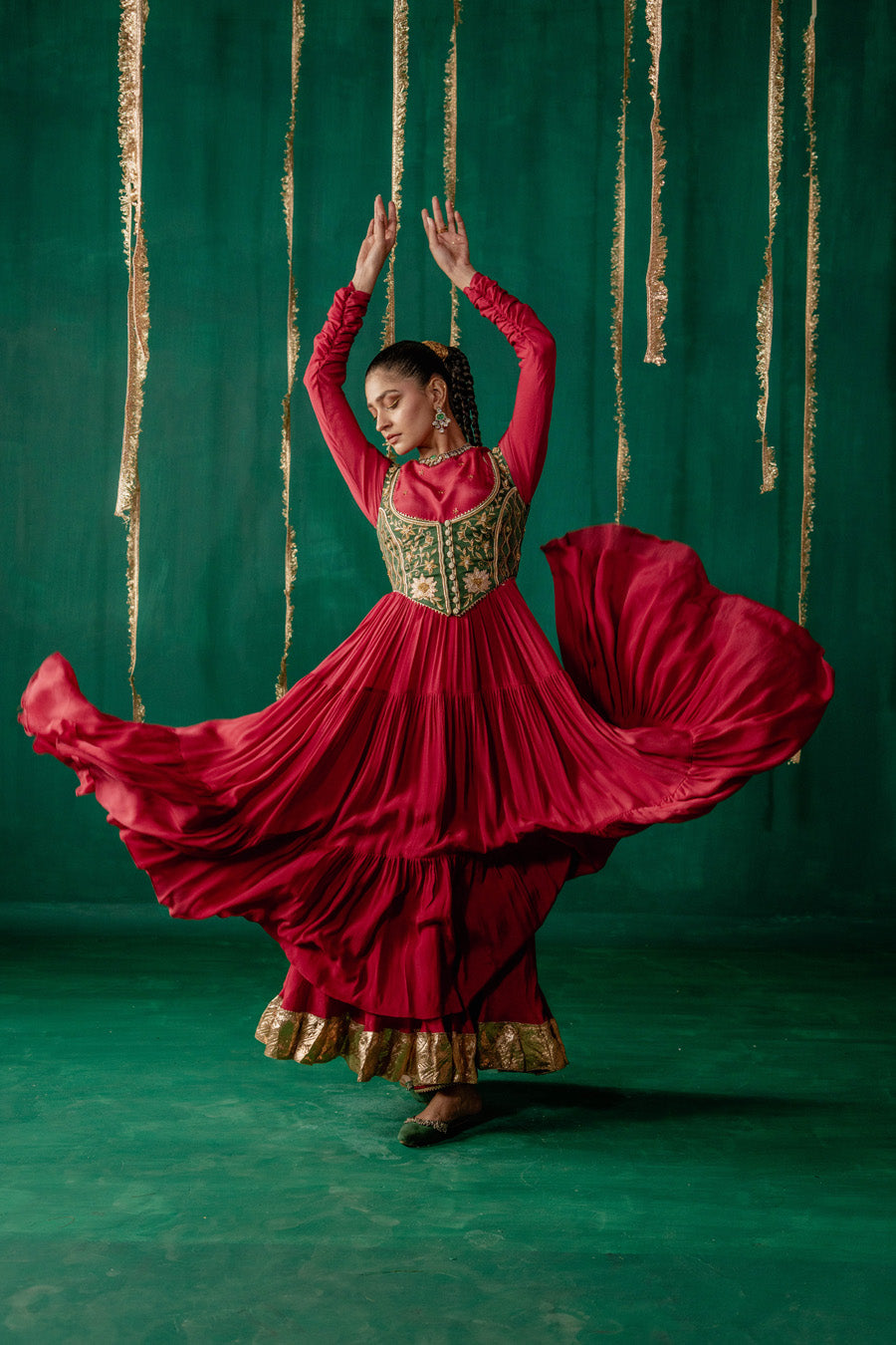 Red Layered Anarkali With Green Koti With Pencil Pants And Dupatta