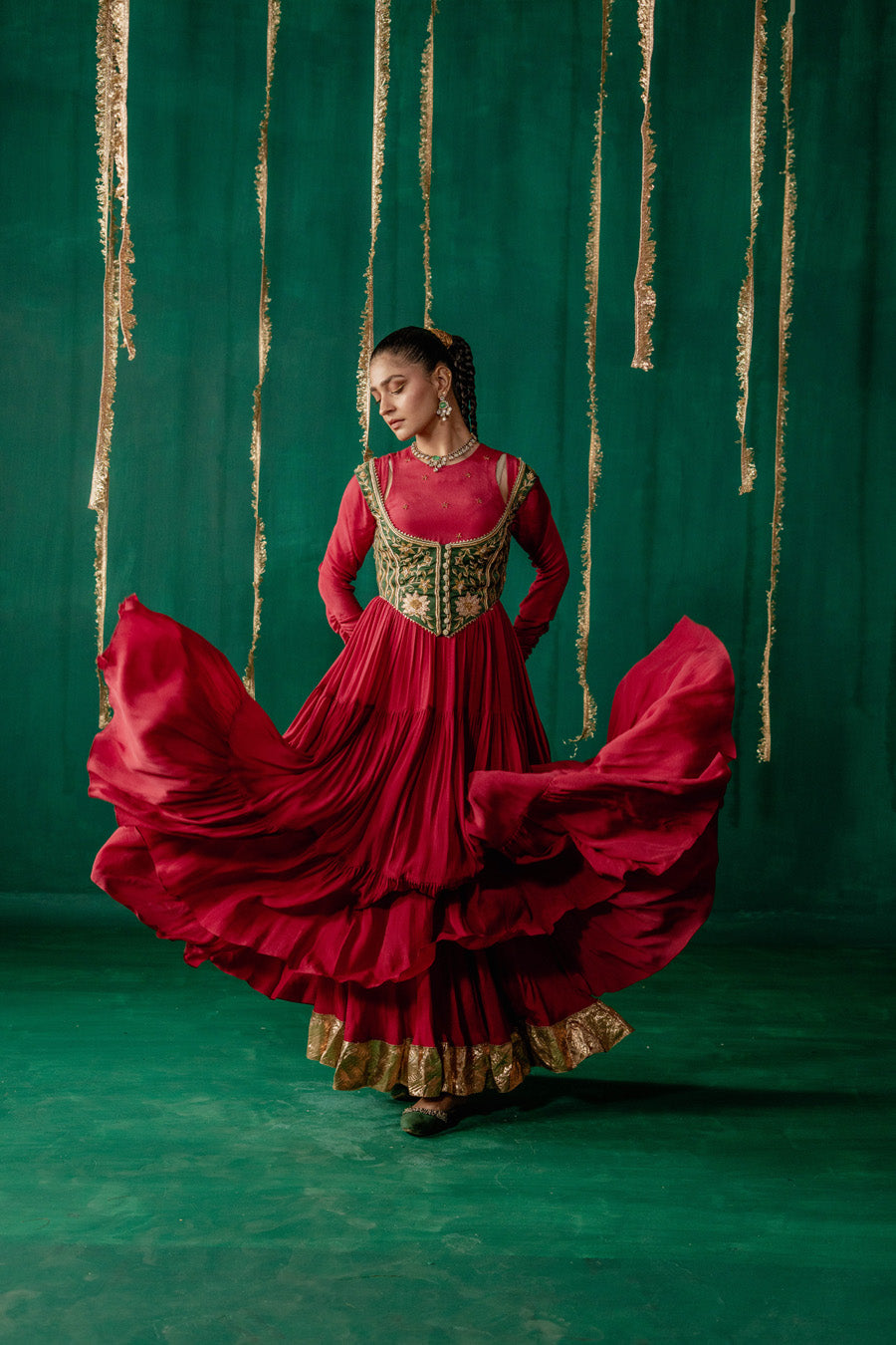 Red Layered Anarkali With Green Koti With Pencil Pants And Dupatta